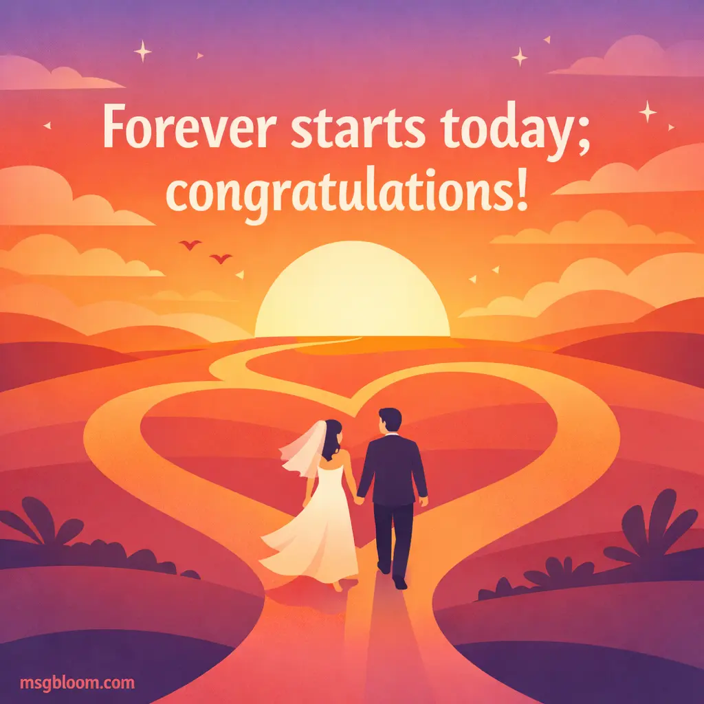 A whimsical sunset illustration of a couple walking into their future with a quote about forever starting today, representing new beginnings in marriage.