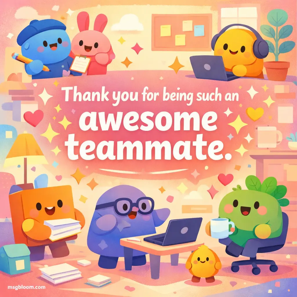 Colorful cartoon illustration of teammates working together with a quote appreciating an awesome teammate, designed for social media sharing.