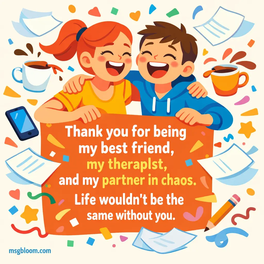 Colorful flat vector art of two playful friends in cheerful chaos, emphasizing appreciation for a best friend and partner in chaos.