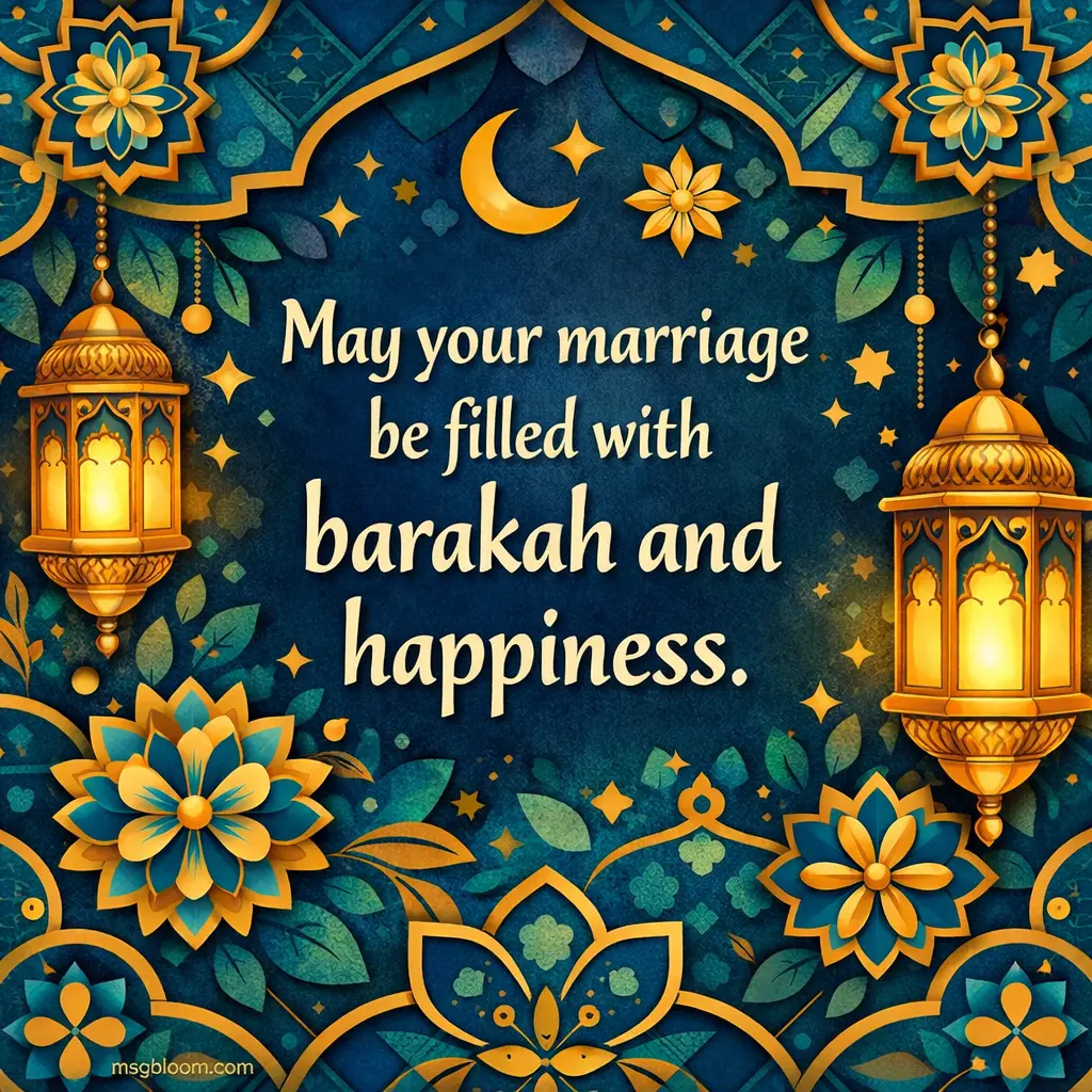 An elegant Islamic-inspired geometric design with lanterns and a quote about barakah and happiness in marriage, symbolizing blessings and prosperity.