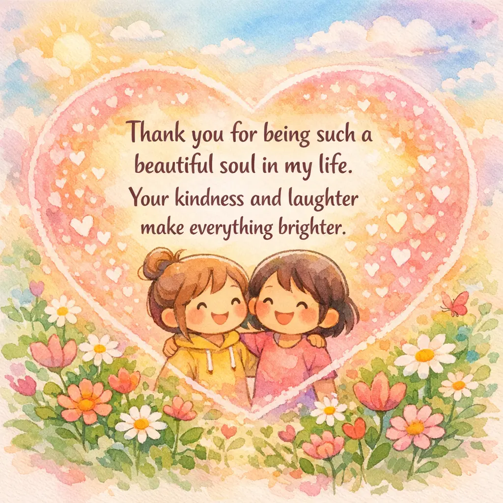 Soft watercolor garden illustration of two friends glowing with warmth, expressing gratitude for a beautiful soul and bright laughter.