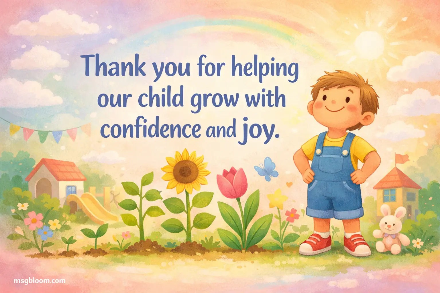 A soft illustrated scene of a child growing confidently among flowers with a heartfelt thank you message about nurturing confidence and joy in kindergarten.