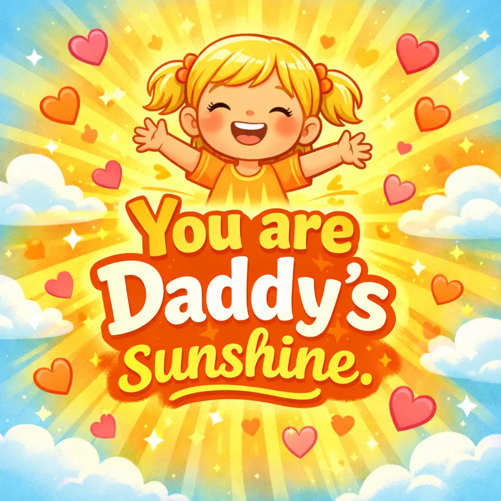 Bright cartoon illustration of a joyful girl glowing like sunshine, symbolizing a father calling his daughter his sunshine.