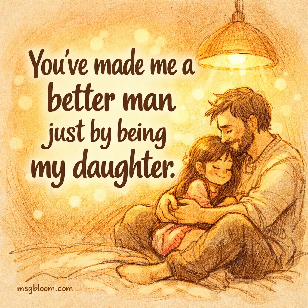 Cozy hand-drawn scene of a father and daughter bonding under warm light, expressing how a daughter makes her father a better man.