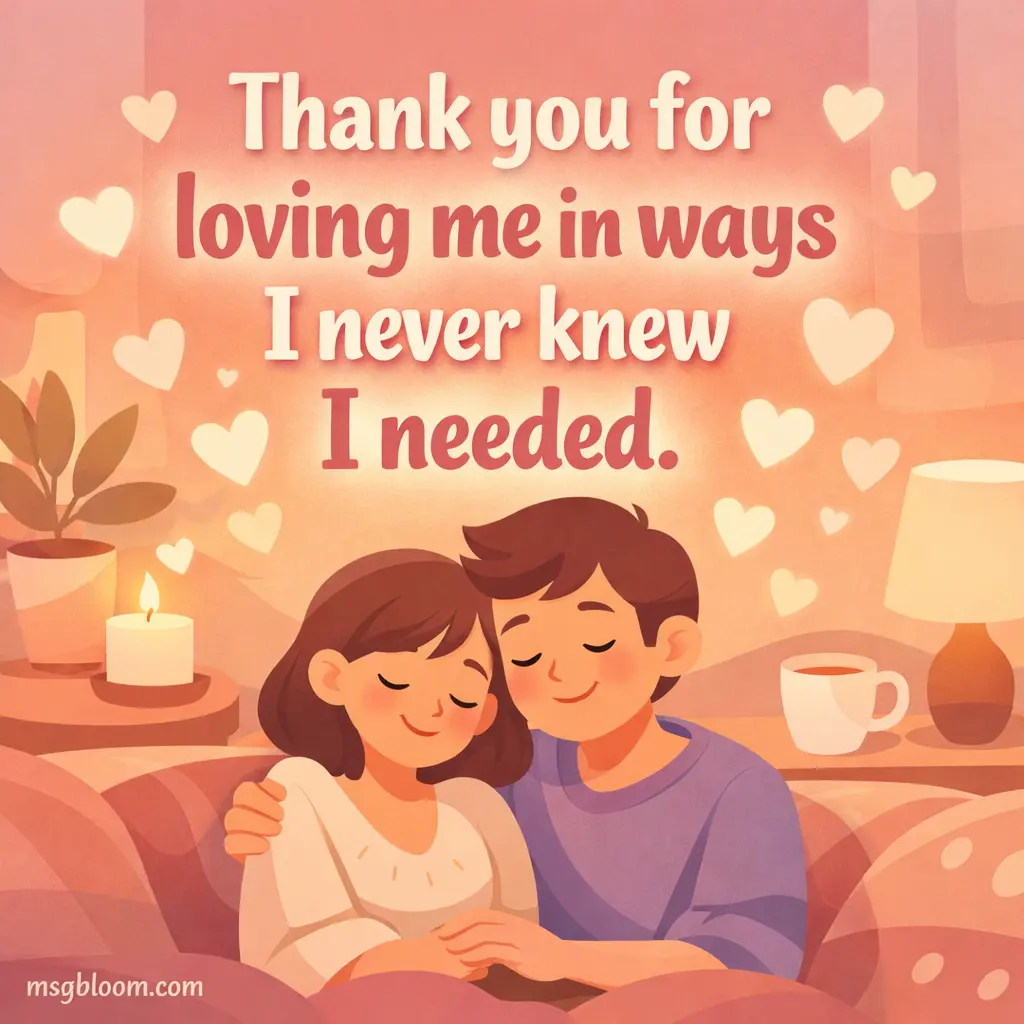 Soft pastel cartoon couple illustration showing appreciation and emotional connection with a meaningful love message about unexpected affection.