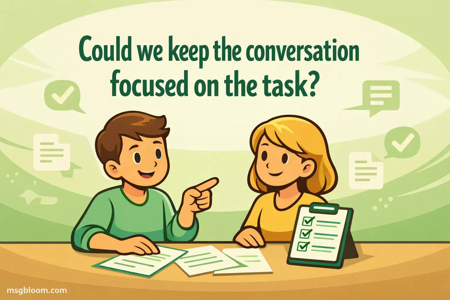 Clean vector illustration of a focused work conversation with a quote about keeping discussion on task, representing professionalism and clarity.