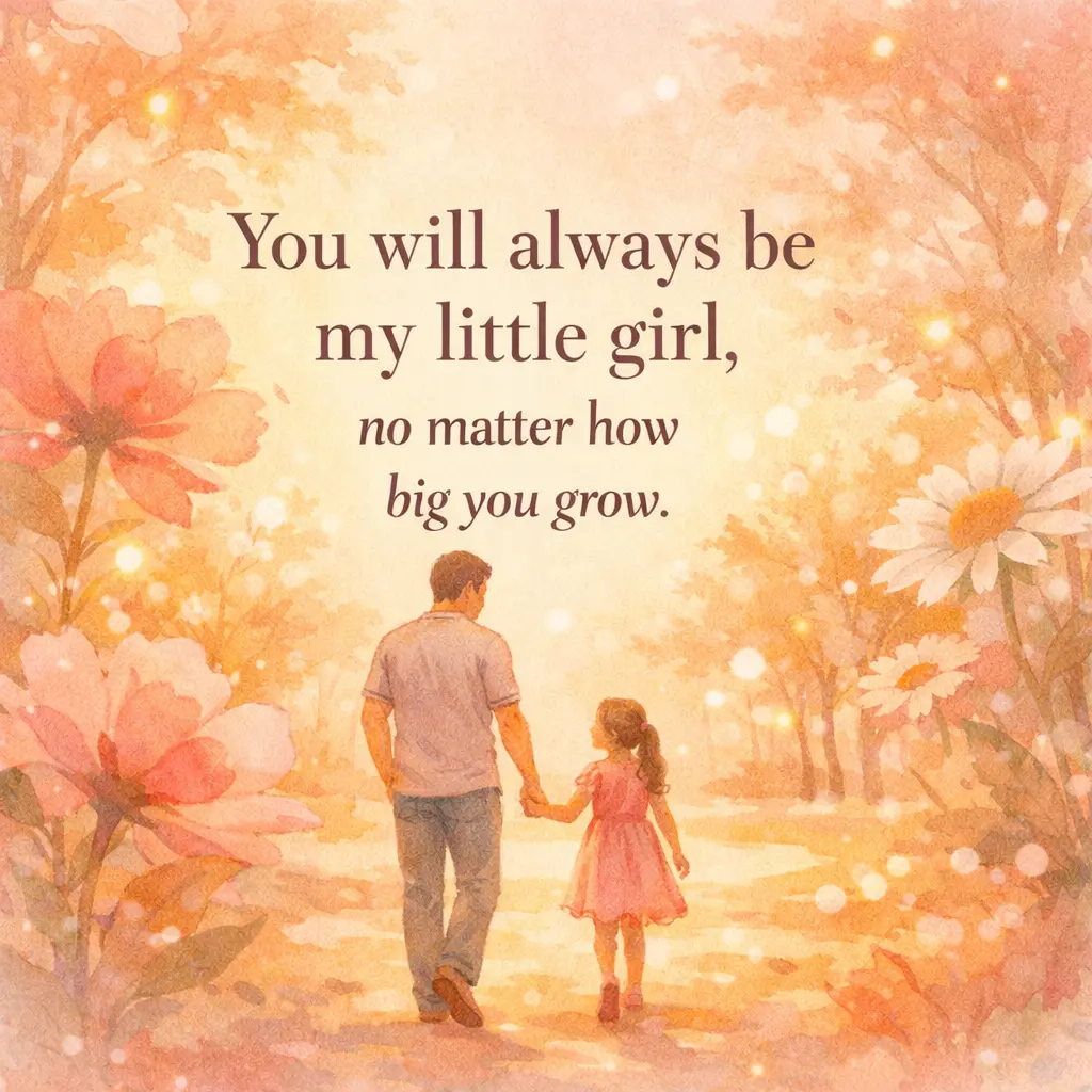 Illustrated father and daughter walking in a dreamy park with a heartfelt quote about a father’s everlasting love for his little girl as she grows up.
