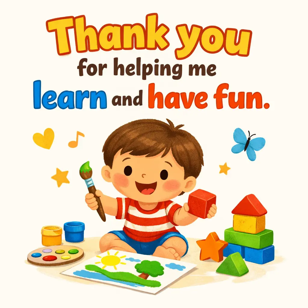 A cheerful childlike illustration of play and education expressing gratitude for fun learning experiences in kindergarten.