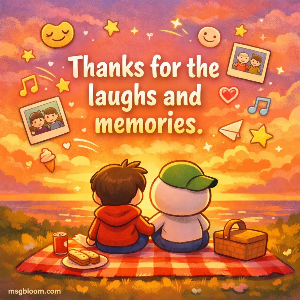 Whimsical illustrated picnic scene with two cartoon friends and floating memory doodles, highlighting a heartfelt thank you quote about laughs and memories.
