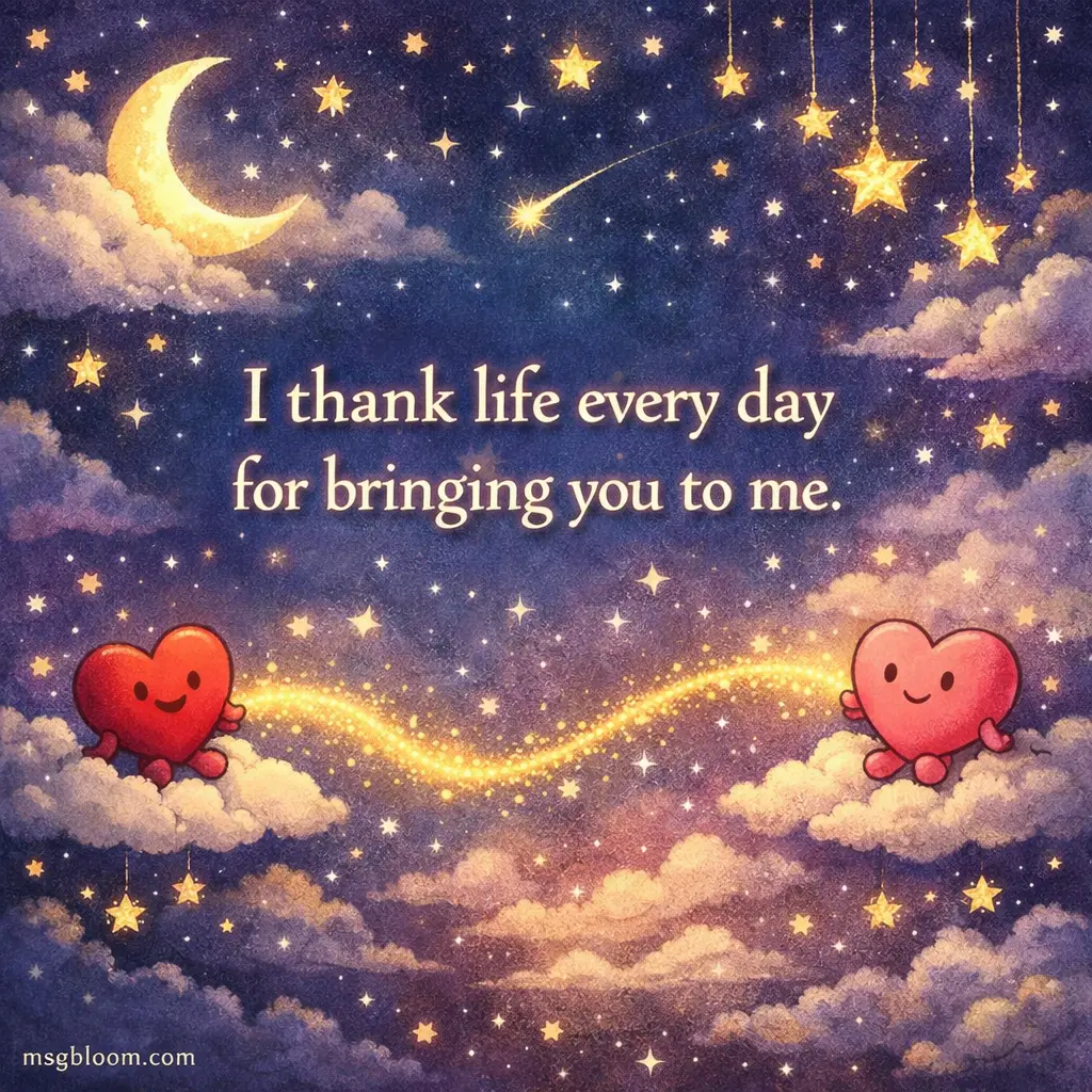 Whimsical night sky illustration with stars and symbolic love elements representing gratitude and destiny in a romantic quote.