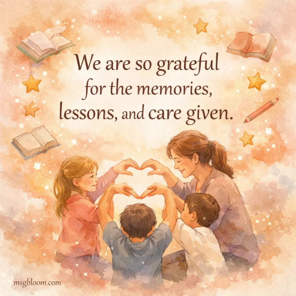 A warm watercolor scene symbolizing care and memories with a thank you message appreciating lessons and emotional support from a teacher.