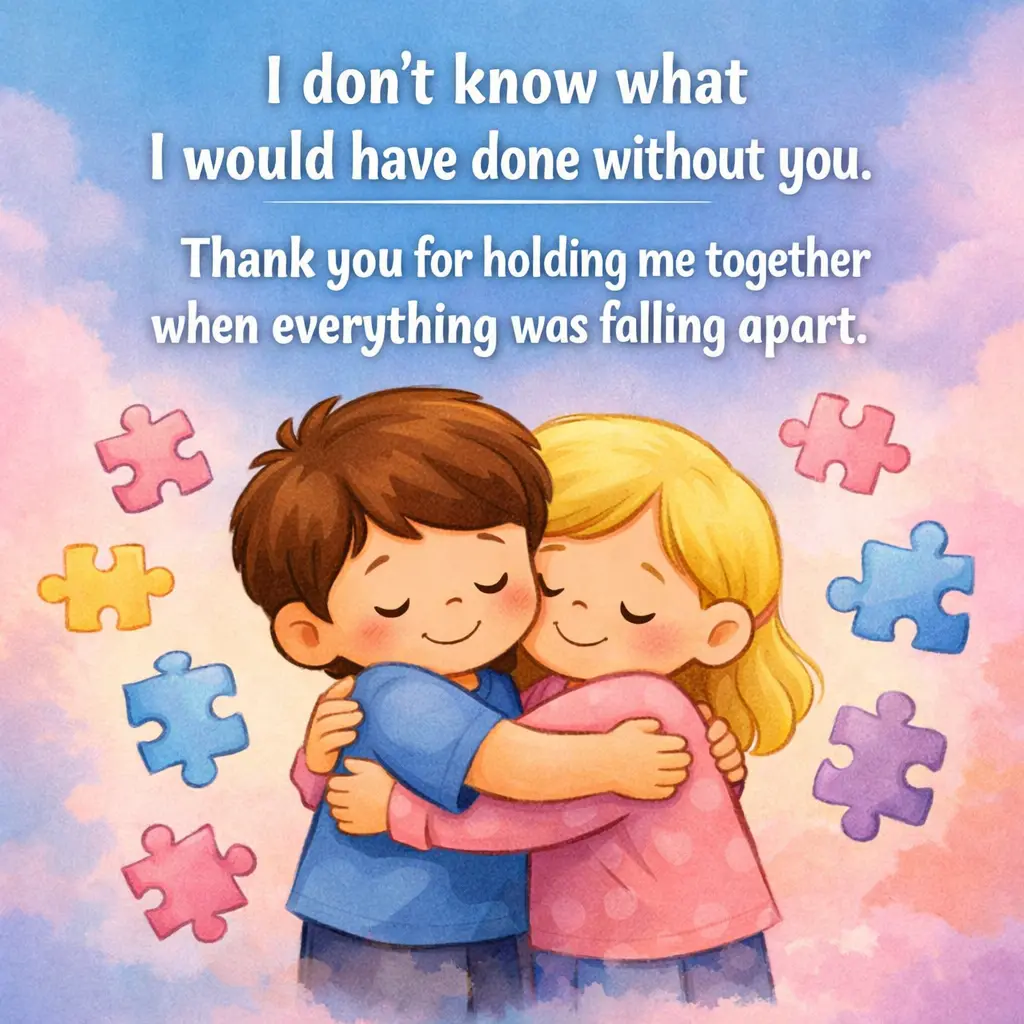 Pastel children’s book style illustration of two friends hugging with floating puzzle pieces, symbolizing emotional support and gratitude during hard times.
