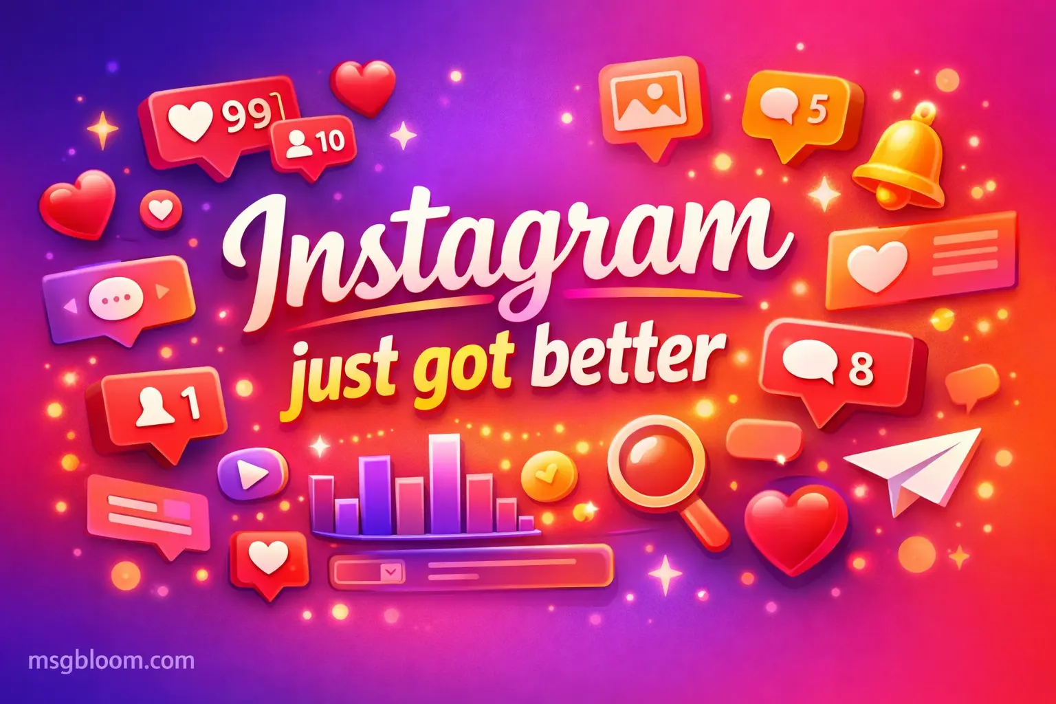 Vibrant gradient background with floating social icons and hearts displaying Instagram just got better in a trendy digital style