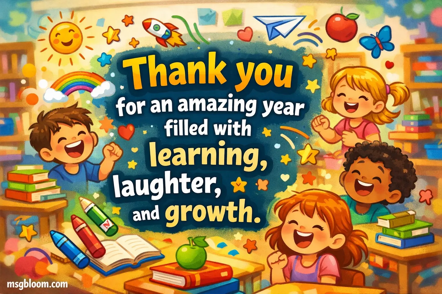 A colorful cartoon classroom full of playful learning elements representing a joyful school year with a thank you message about learning and growth.