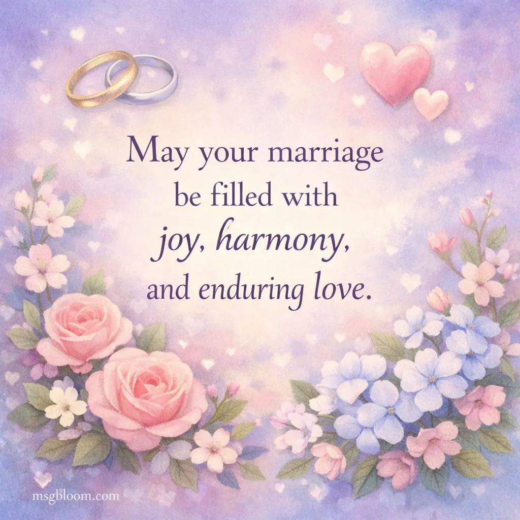 A calming floral and symbolic art piece featuring rings and hearts with a quote about joy, harmony, and enduring love in marriage.