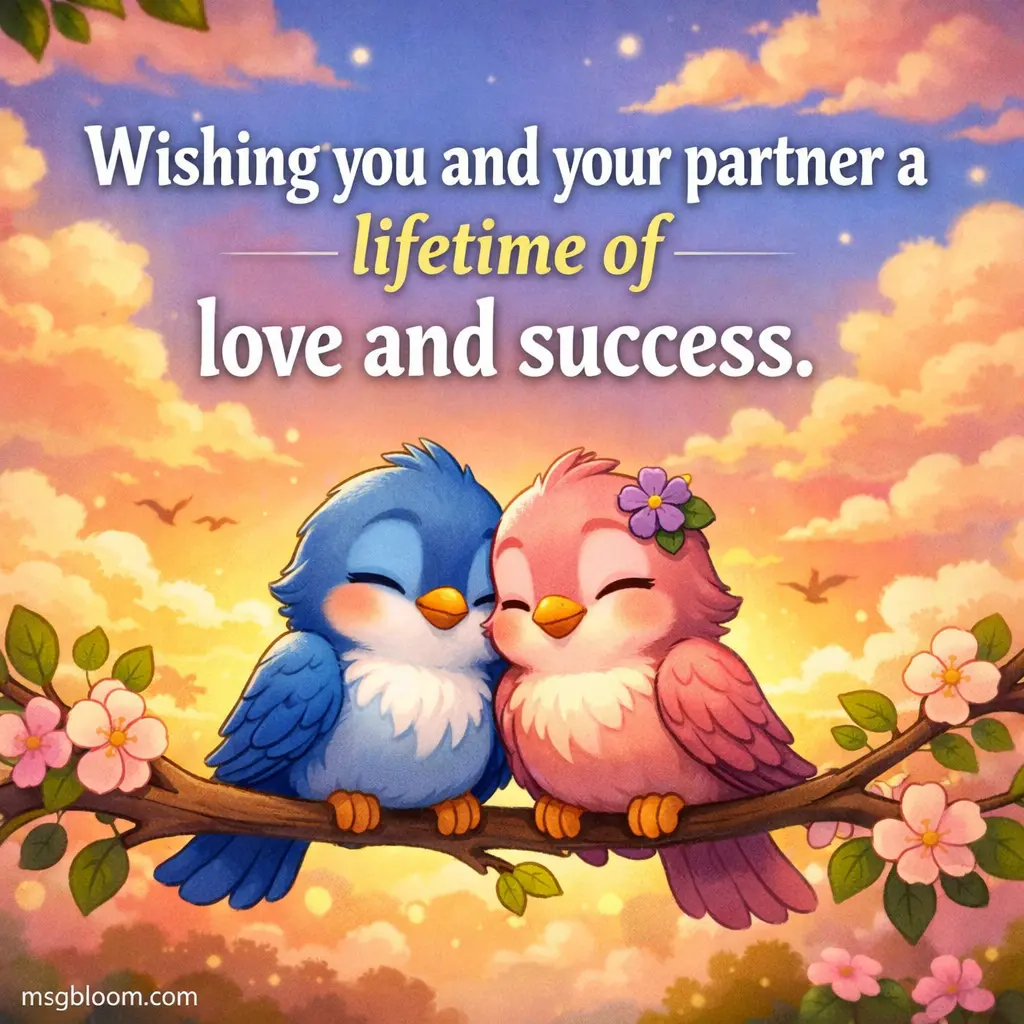 A cheerful cartoon illustration of two birds together with a quote wishing a lifetime of love and success for newlyweds.