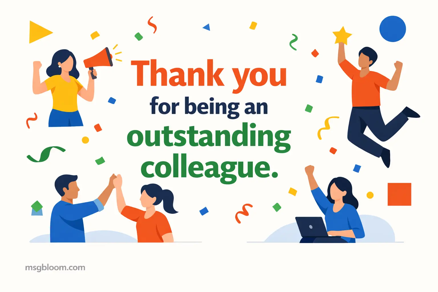 Minimal vector artwork showing colleagues celebrating with a quote recognizing an outstanding coworker in a clean modern design.