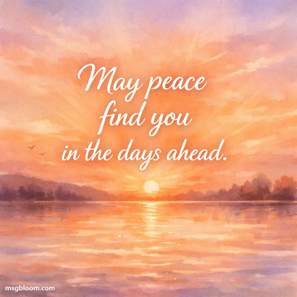 A calming watercolor sunset over a lake with a sympathy quote about finding peace during difficult times, designed in a soft pastel illustration style.