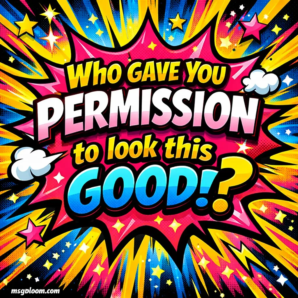 Dynamic comic burst background with bold typography showing Who gave you permission to look this good? in an energetic pop-art design