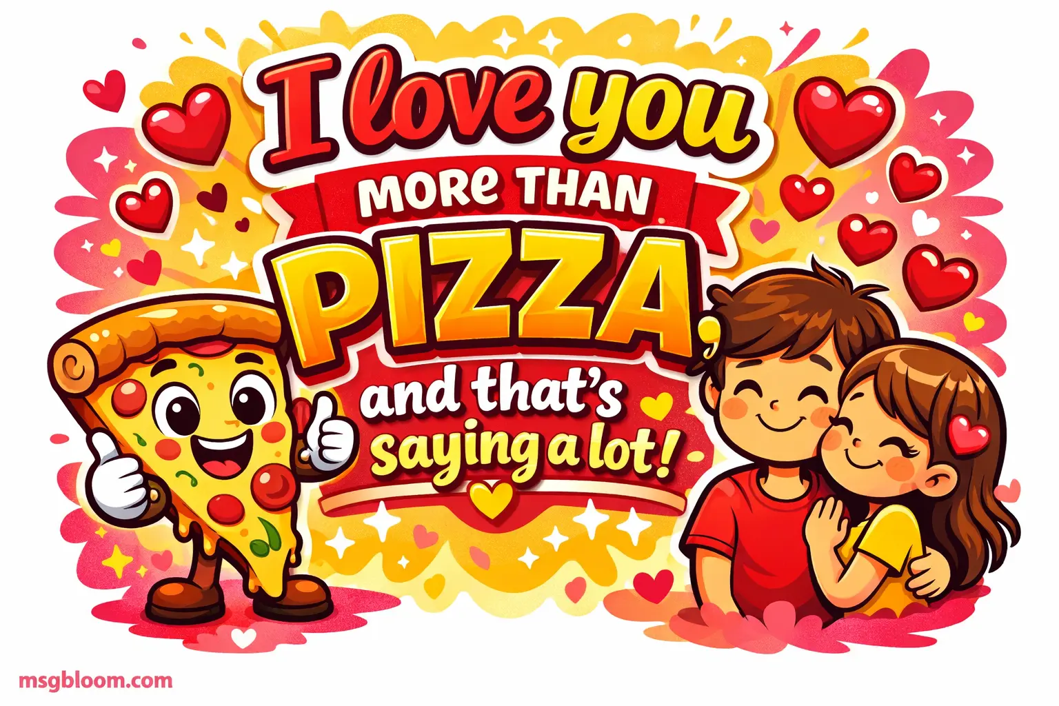 Playful cartoon pizza-themed love illustration highlighting humor and affection in a fun romantic birthday message.