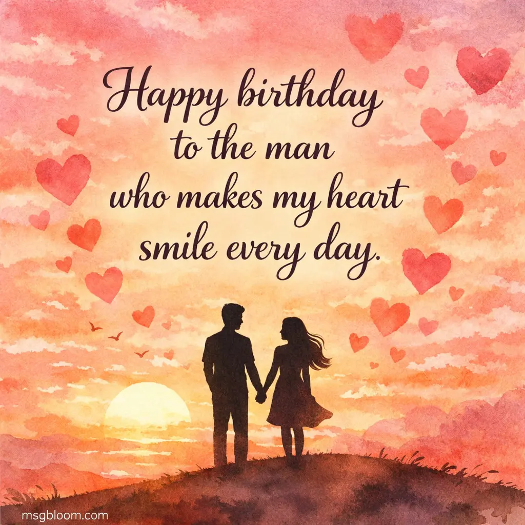 Romantic illustrated sunset scene with a loving couple and heartfelt birthday quote expressing deep emotional happiness and love.