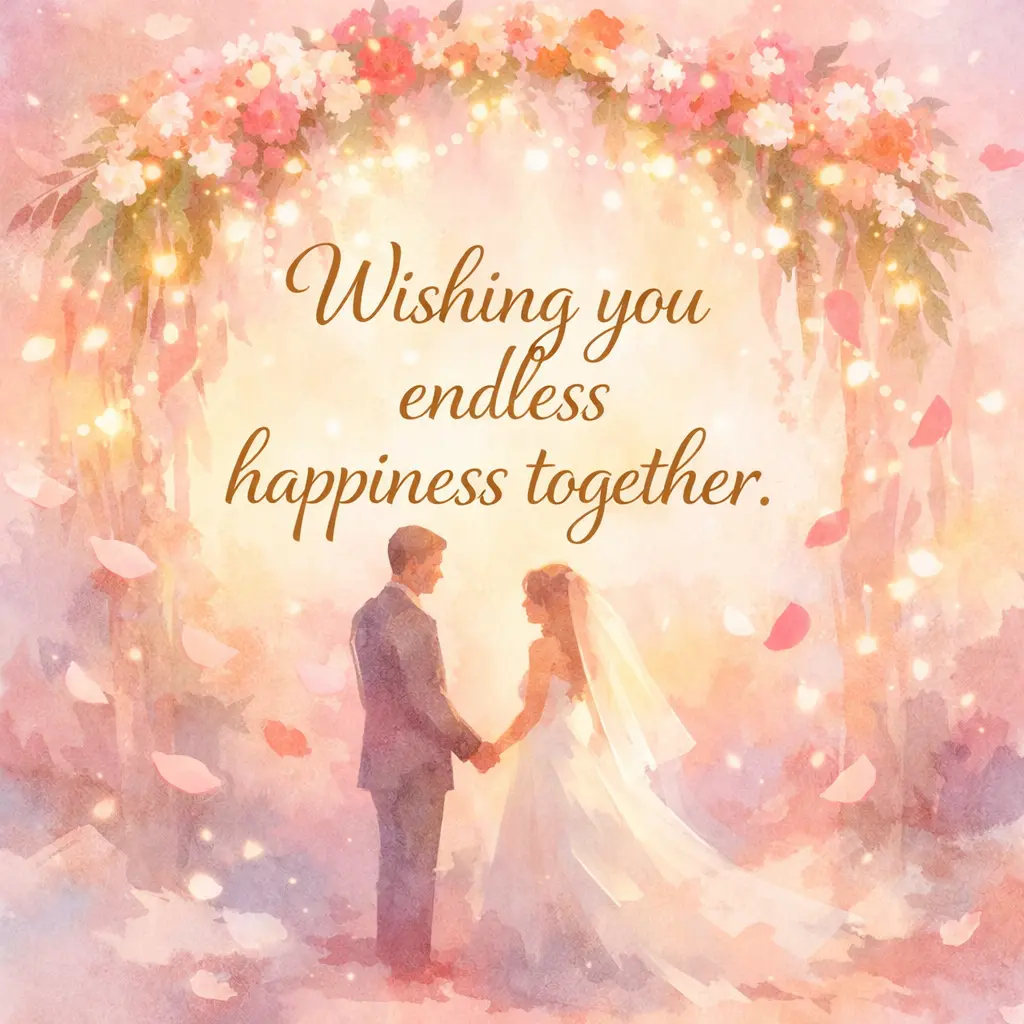 A soft watercolor wedding illustration with a couple under a floral arch and the quote wishing endless happiness together, symbolizing love and unity.