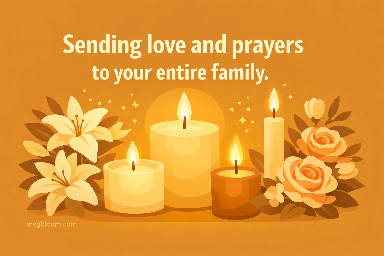 A warm candle and floral vector illustration symbolizing love and unity, paired with a message offering prayers and support to a grieving family.