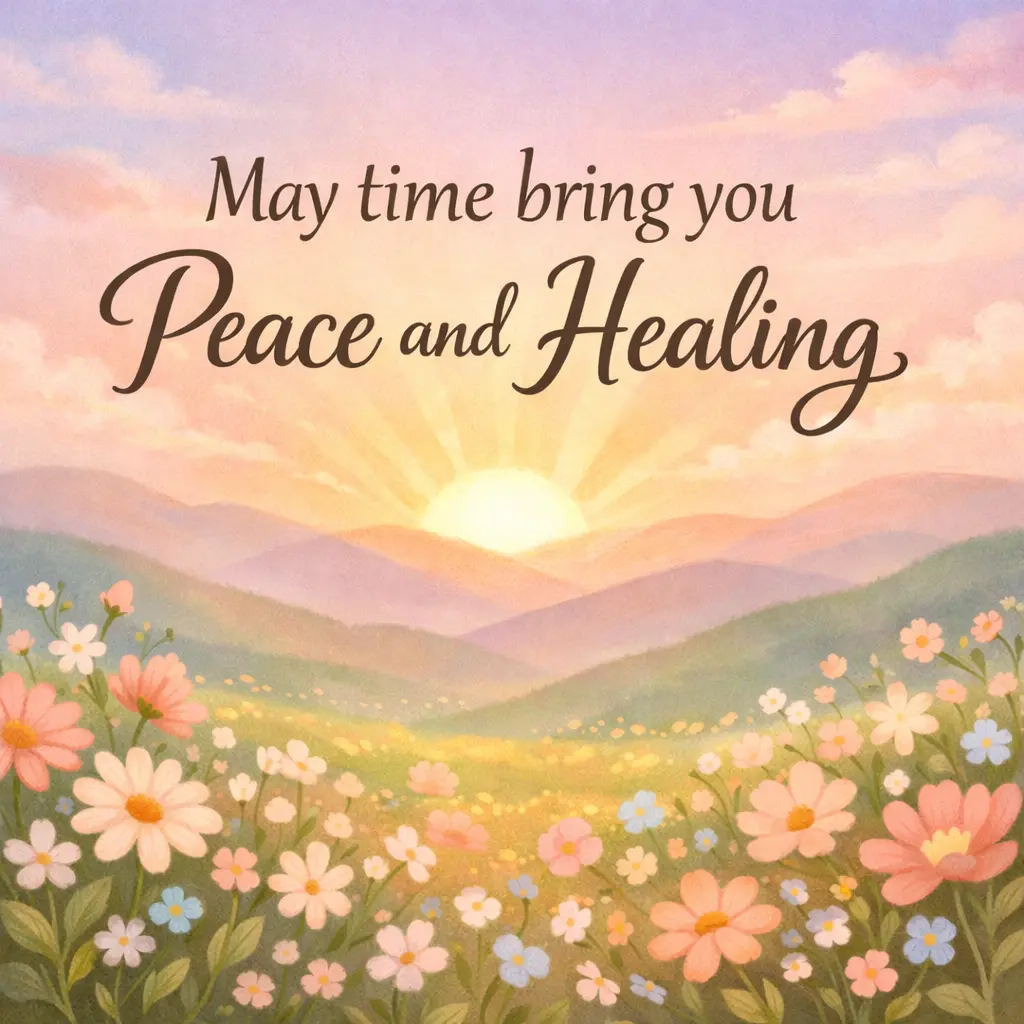 A peaceful sunrise over hills with blooming flowers representing healing and hope, featuring a quote about time bringing peace and emotional recovery.