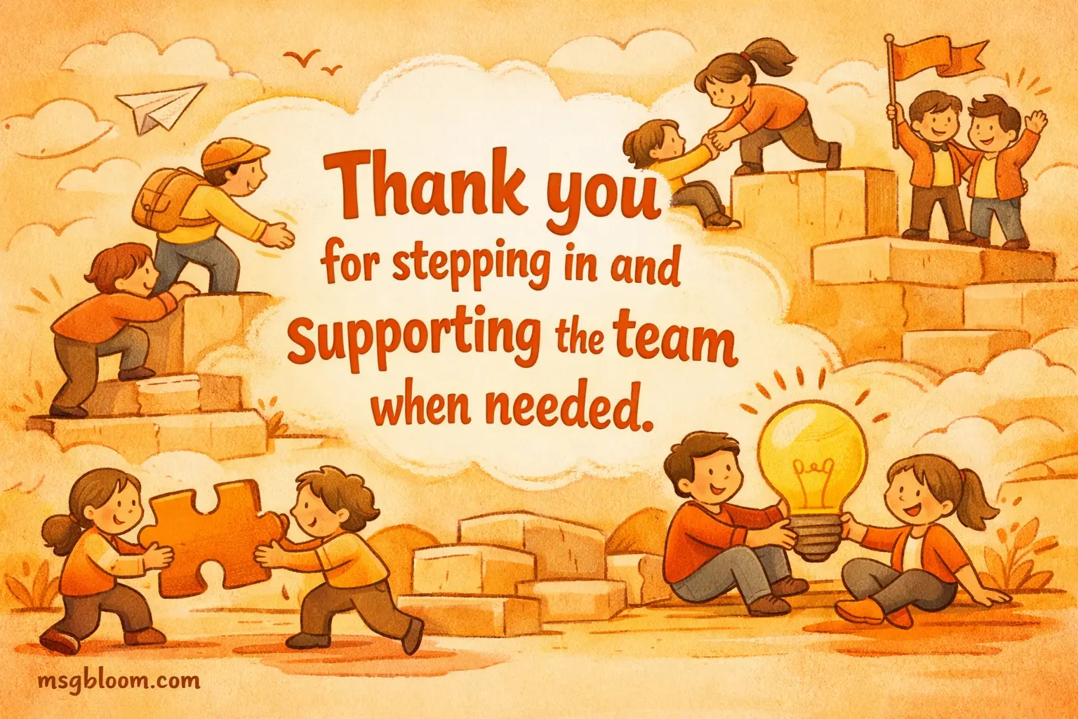 Whimsical hand-drawn scene of team members helping each other, highlighting appreciation for stepping in and supporting the team.