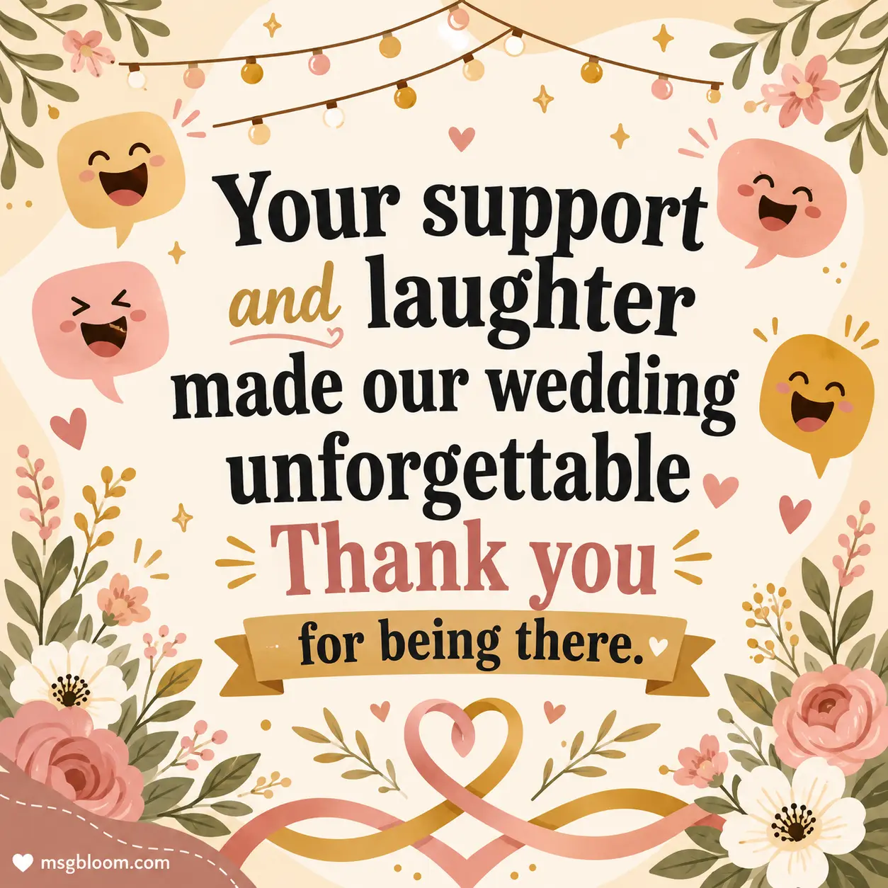 Your support and laughter made our wedding unforgettable. Thank you for being there.