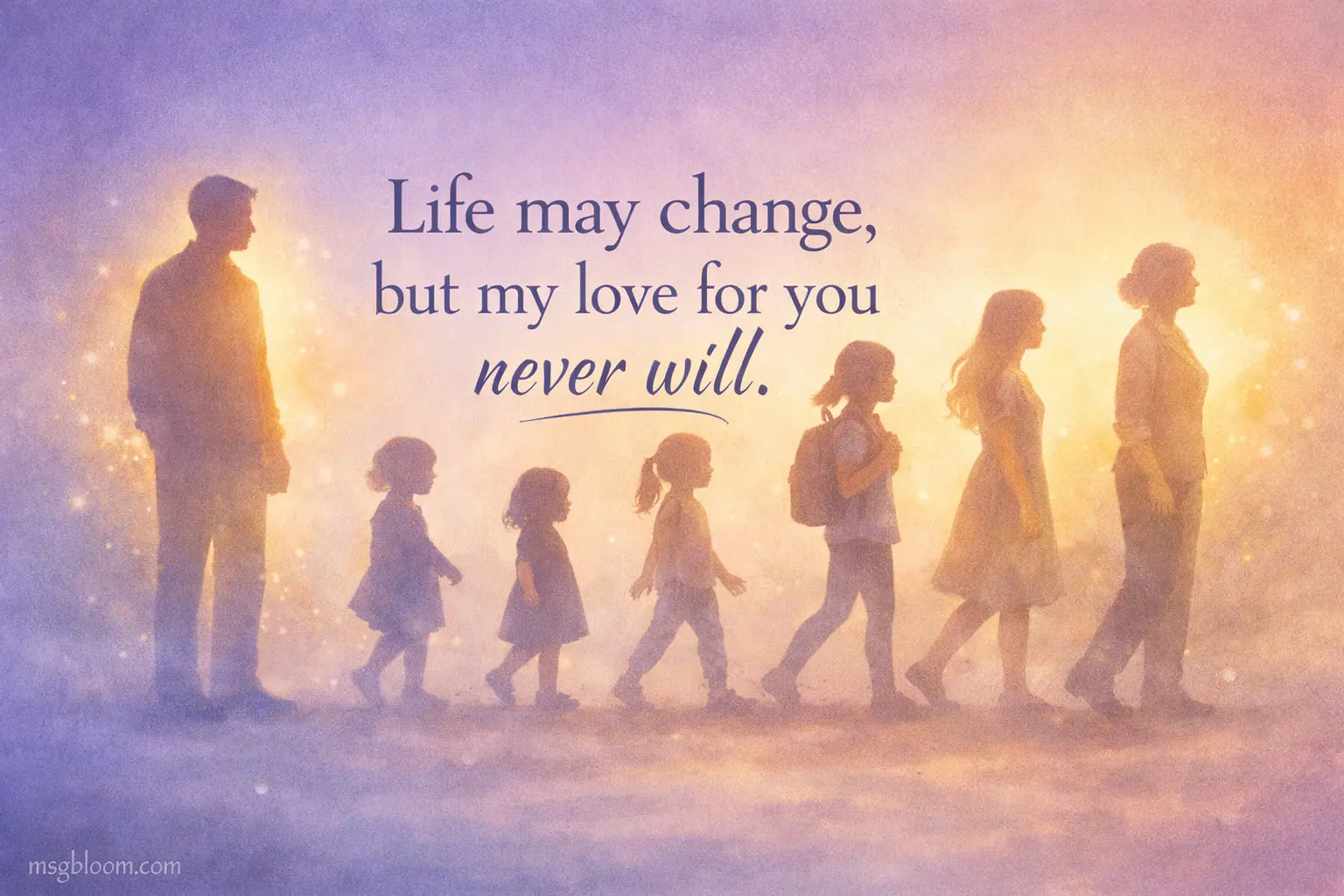 Symbolic illustration of a daughter growing over time with a constant father figure, representing unconditional and unchanging parental love.