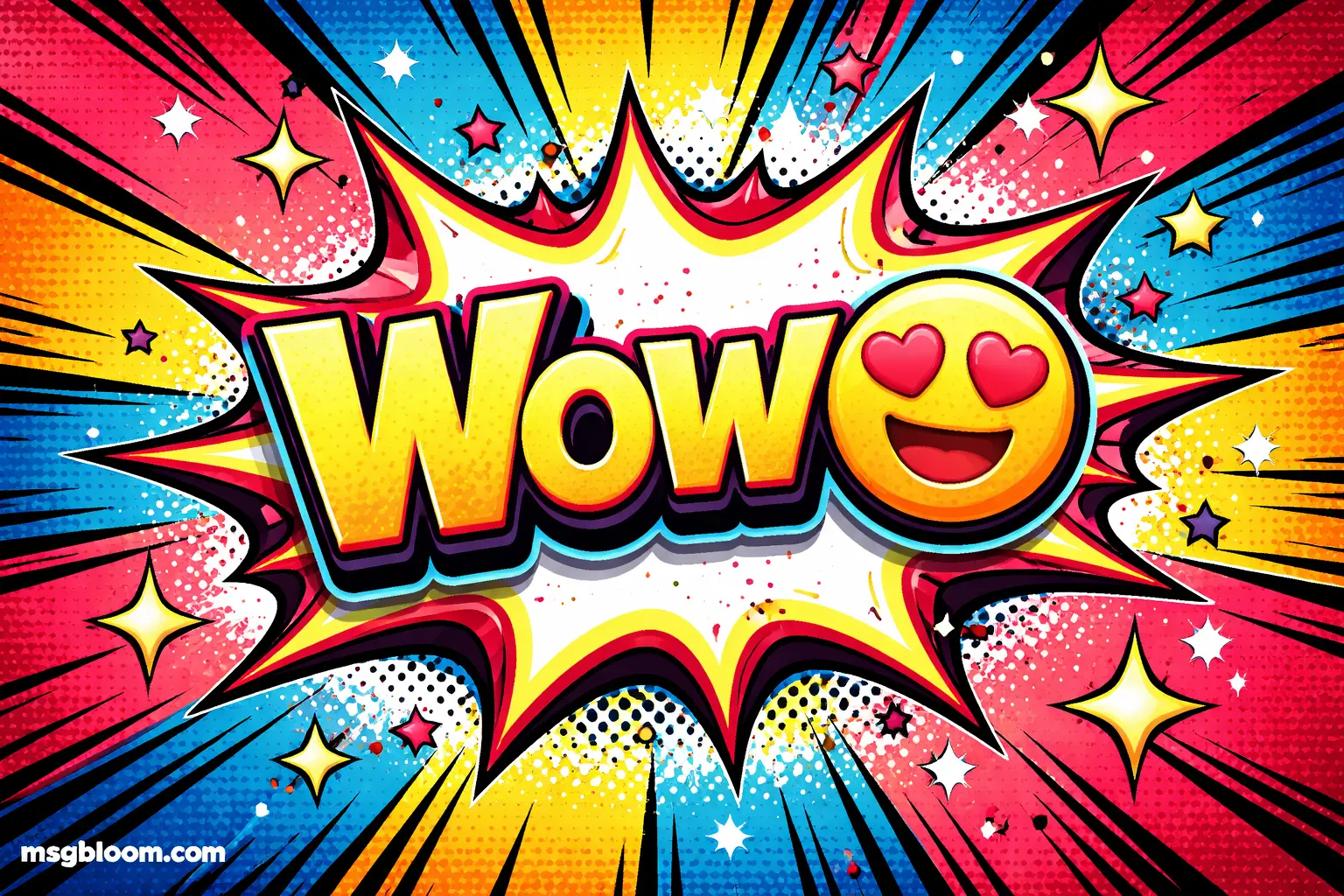 Comic-style explosion background with bright colors and bold text showing Wow 😍 in a fun expressive reaction design