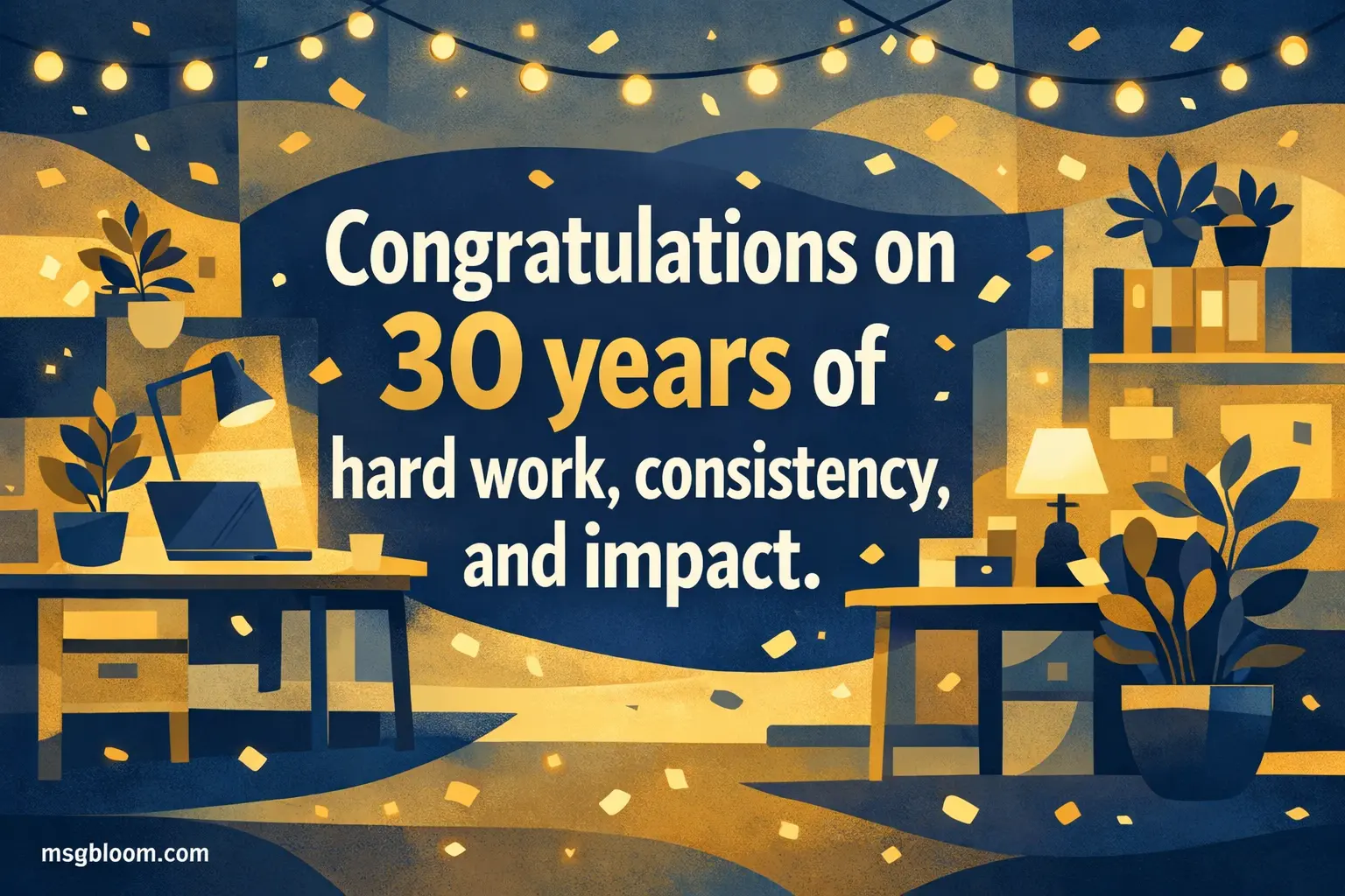 Stylized illustration of a celebratory office environment with confetti and warm tones, highlighting a quote about 30 years of hard work, consistency, and lasting impact.