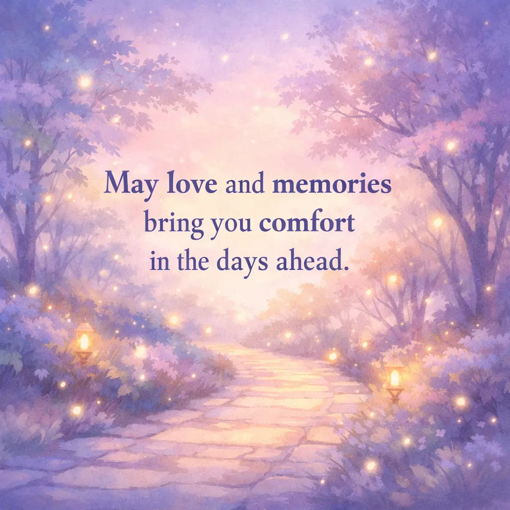 5. Dreamy illustrated path with glowing lights and soft colors, paired with a quote about love and memories bringing comfort after loss.