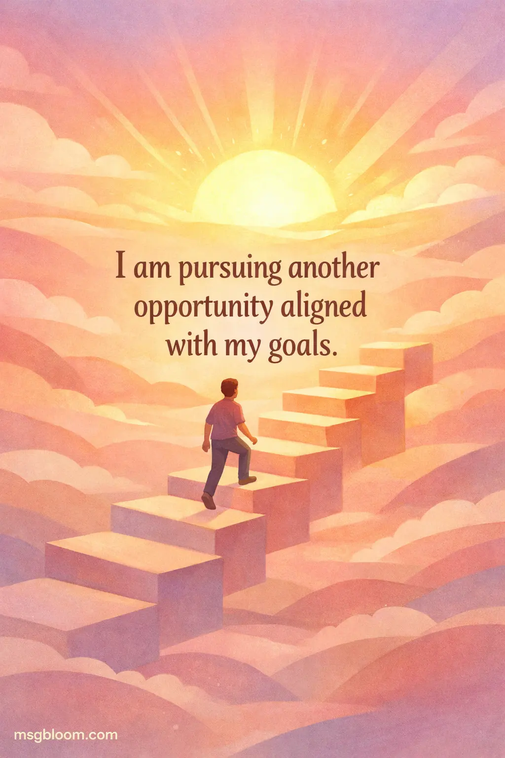 Soft pastel illustration of a person climbing toward a glowing horizon representing career growth and purpose with a quote about pursuing goals.