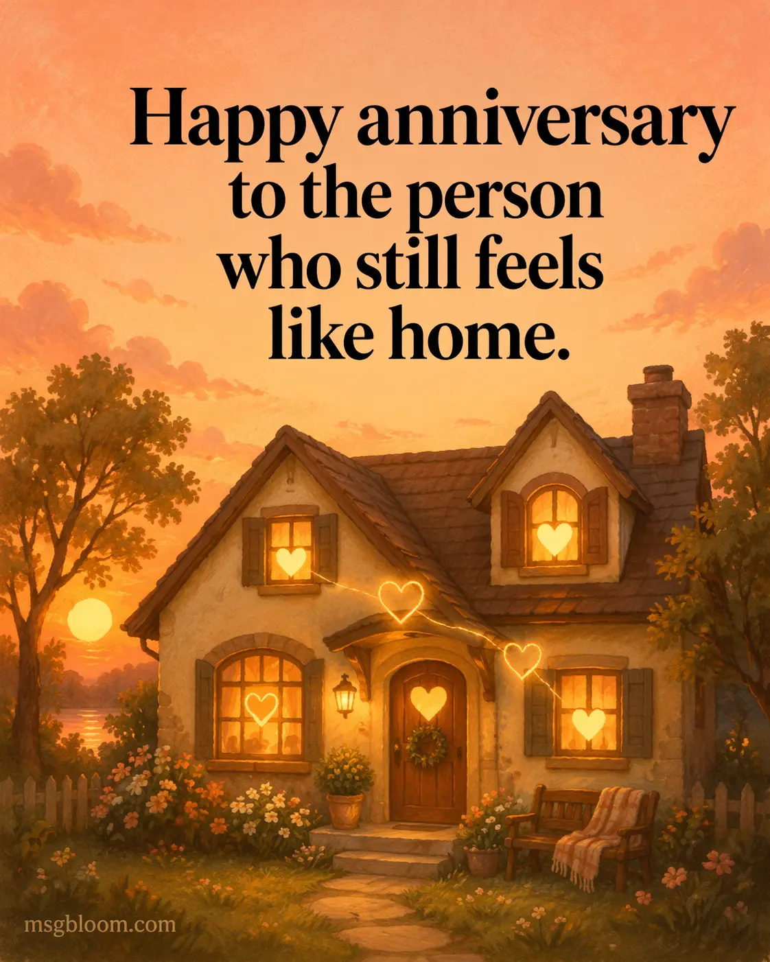 Romantic illustrated home scene with warm glowing lights representing comfort and love, featuring an anniversary quote about feeling at home with a partner.