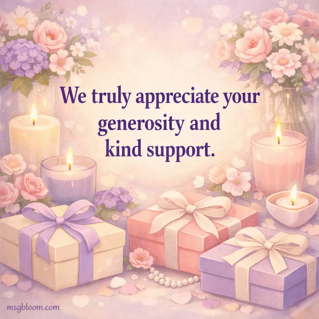A cozy pastel illustration with gifts and candles reflecting sincere appreciation for generosity and kind support after a wedding.
