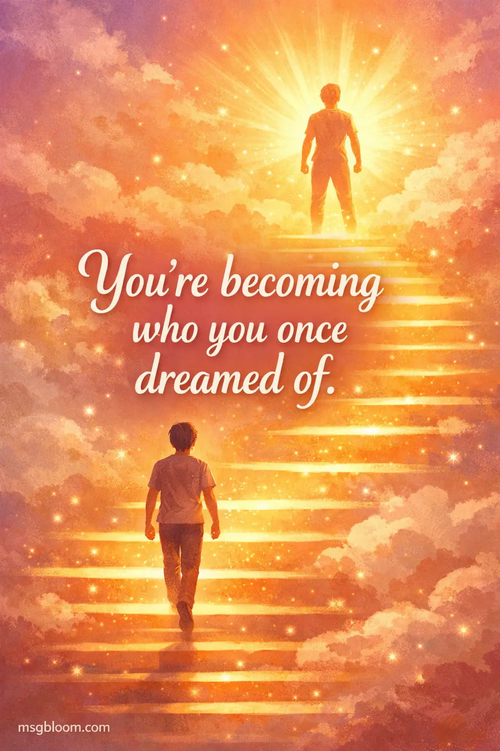 Soft digital painting of a symbolic transformation journey showing personal growth and achieving dreams, paired with an inspiring motivational quote about becoming your ideal self.