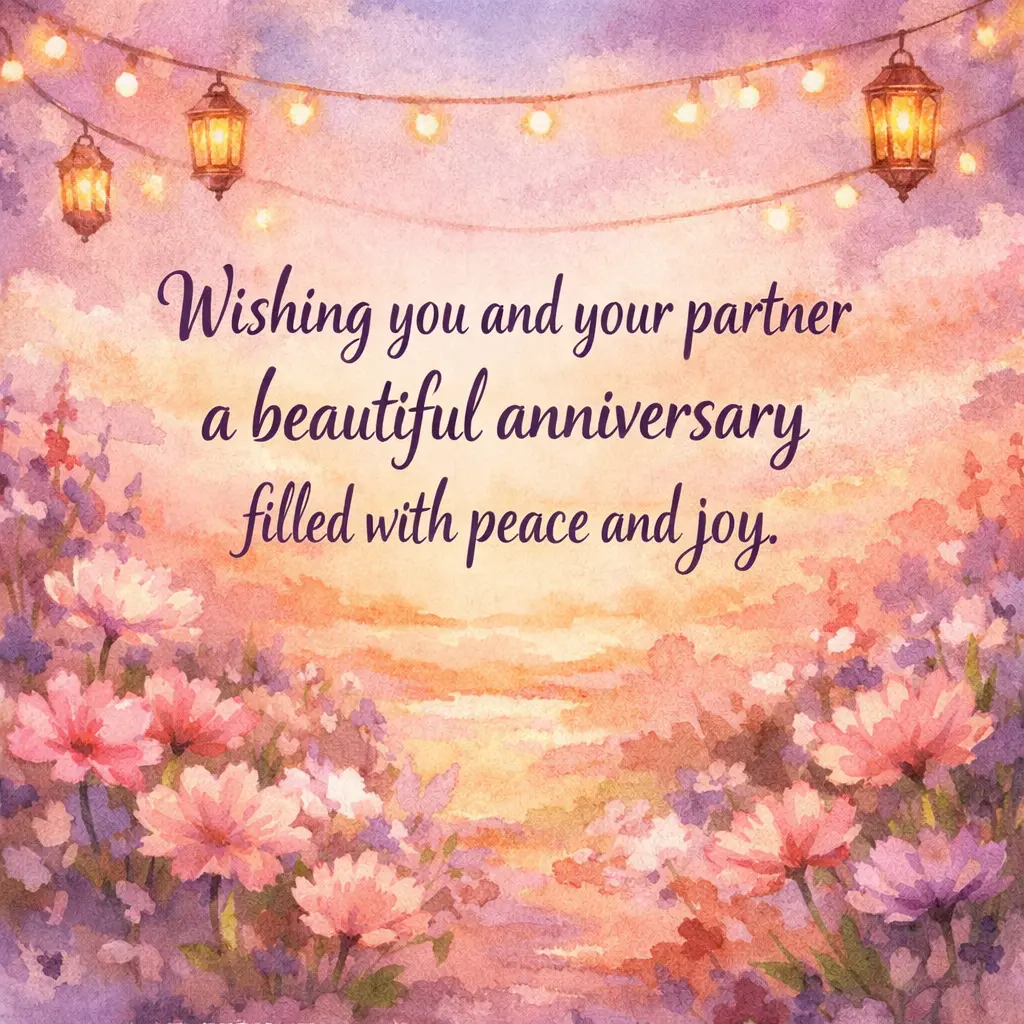 4. Soft watercolor anniversary celebration artwork with flowers and warm sky, heartfelt message wishing peace and joy to a couple.