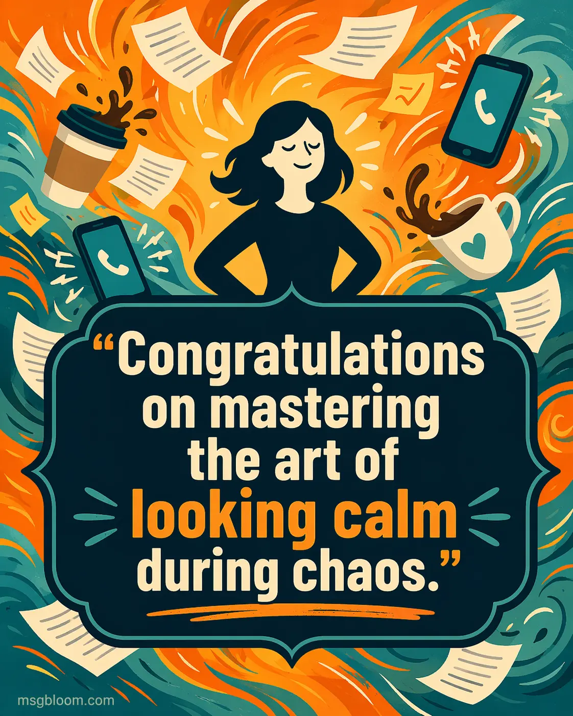 2. Colorful cartoon chaos scene with calm center figure, motivational coworker anniversary quote about staying calm during stressful moments.