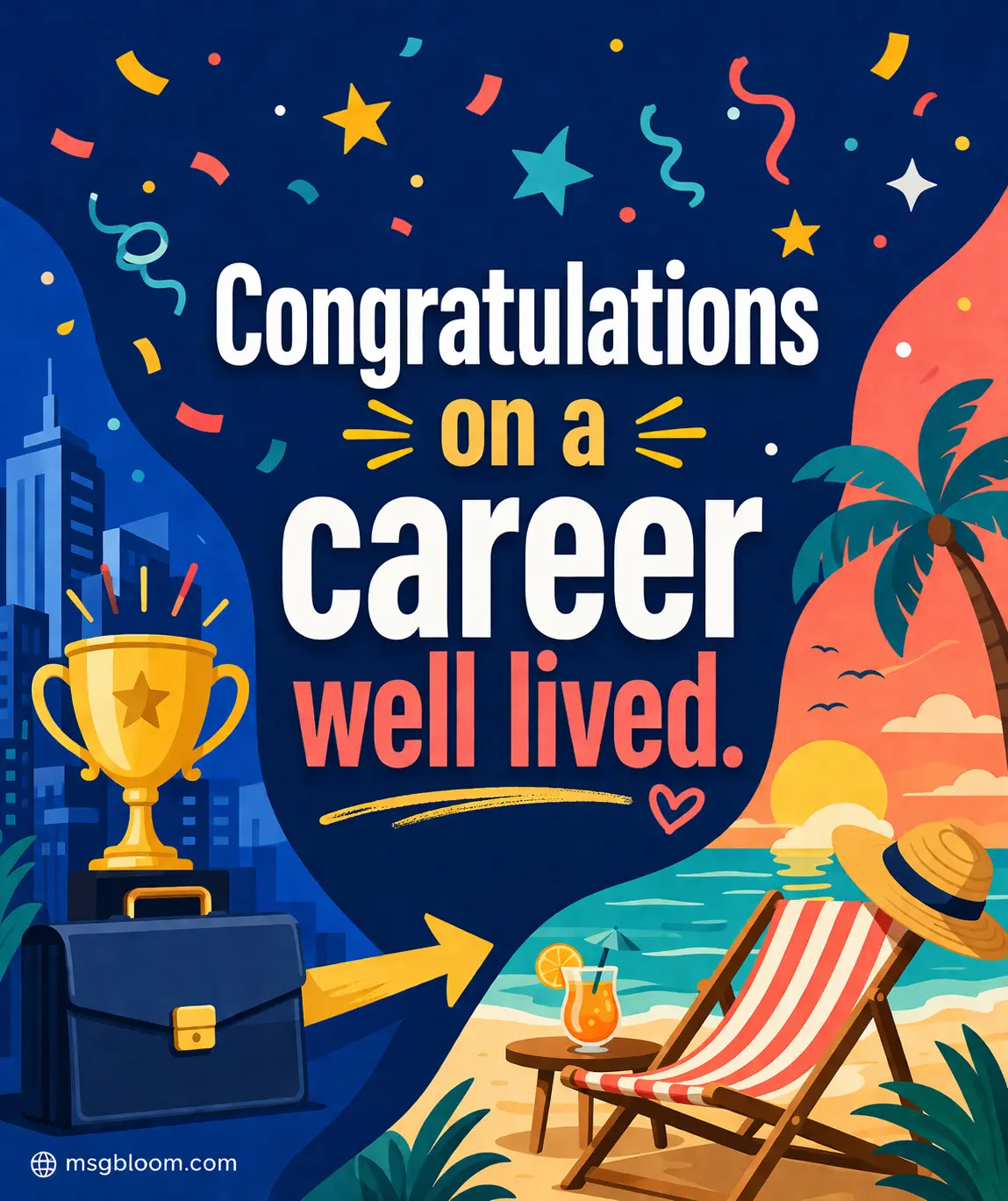 Colorful celebratory vector illustration with confetti and symbolic career elements, highlighting a congratulatory retirement message.