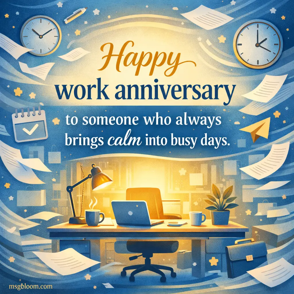 1. Peaceful illustrated office quote image celebrating a coworker who brings calm into busy workdays, ideal anniversary appreciation graphic.