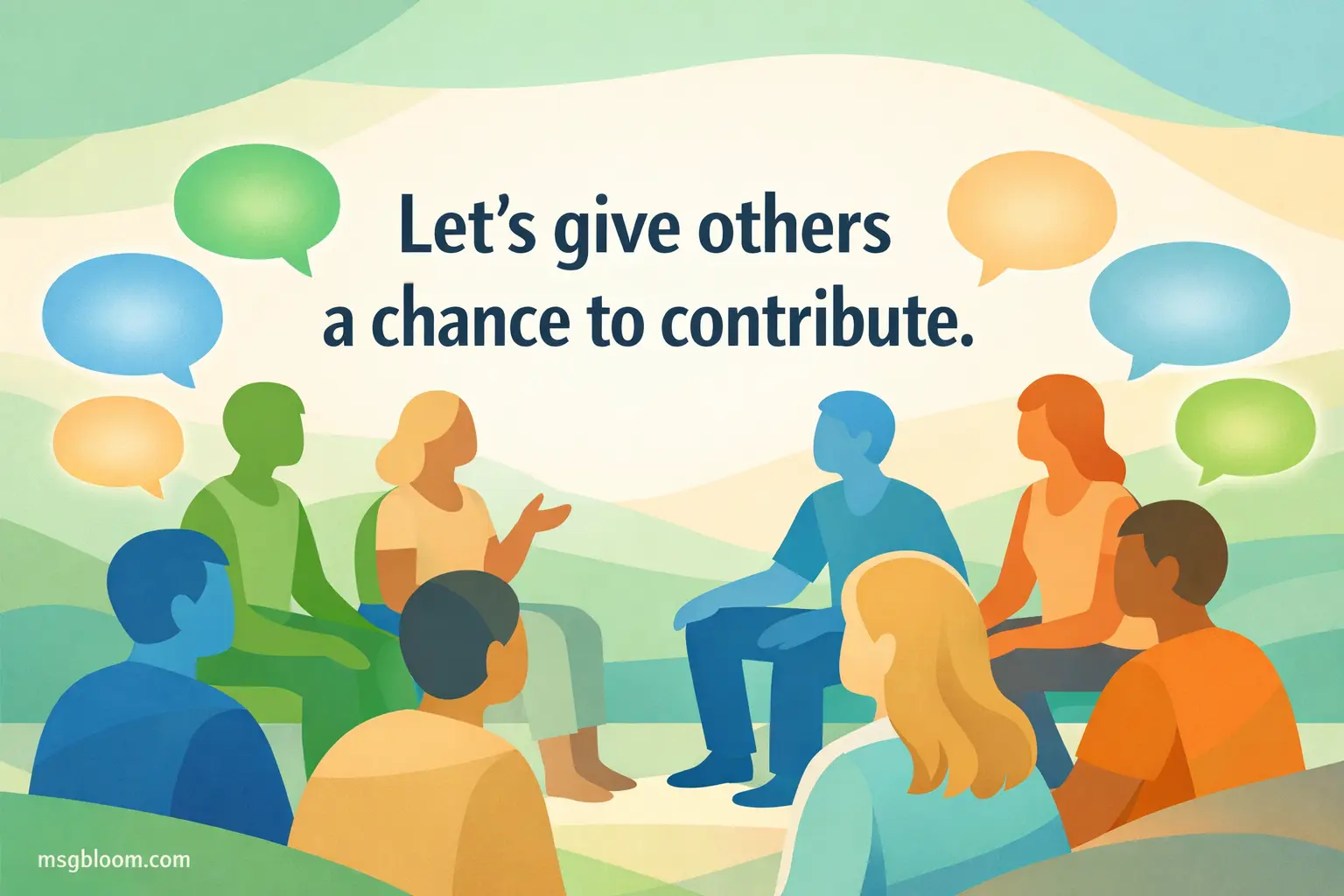 A balanced group discussion illustration encouraging equal participation, symbolizing fairness and giving others the opportunity to speak.