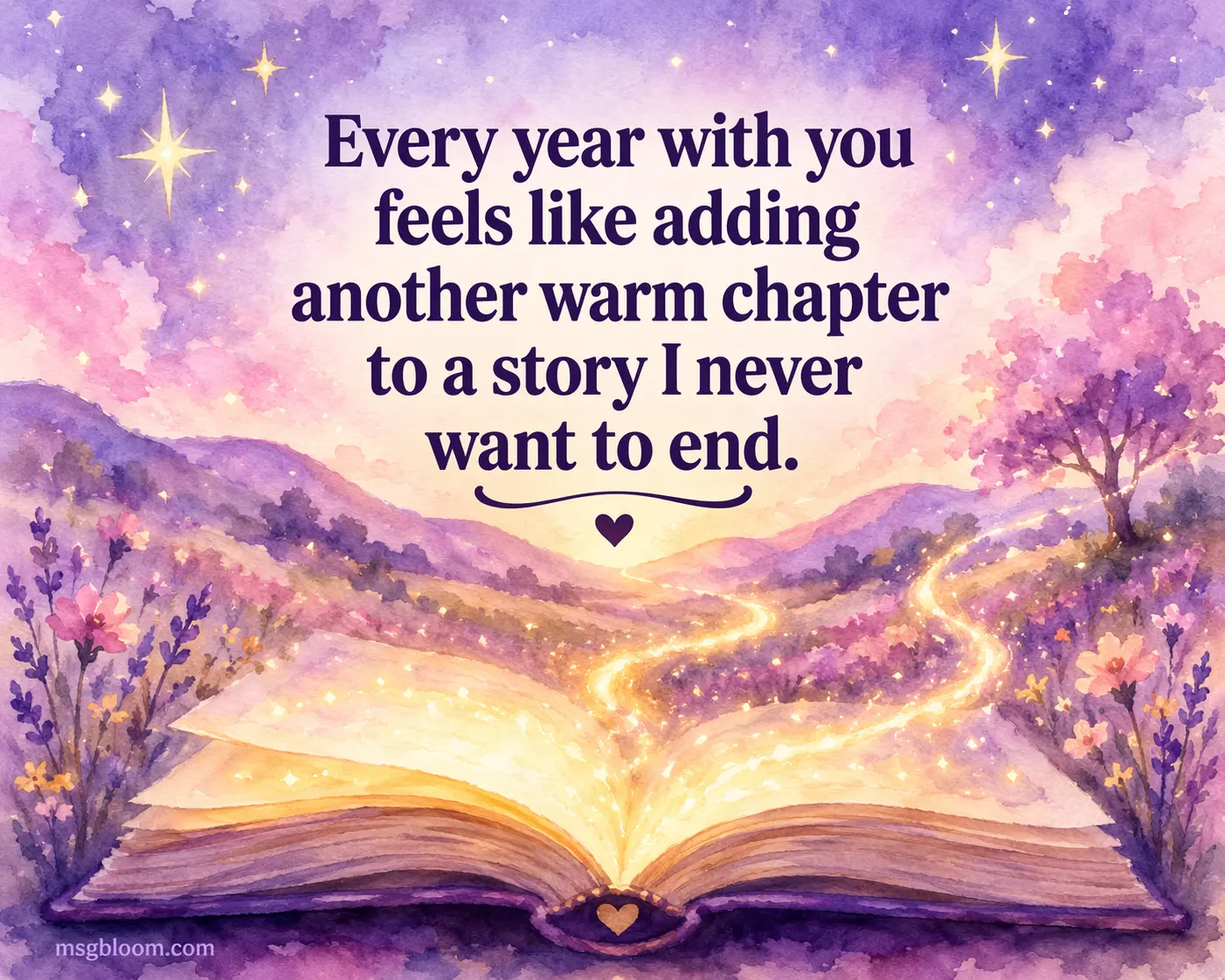 Dreamy watercolor illustration of a magical open book symbolizing a never-ending love story, paired with a heartfelt anniversary message about growing together each year.