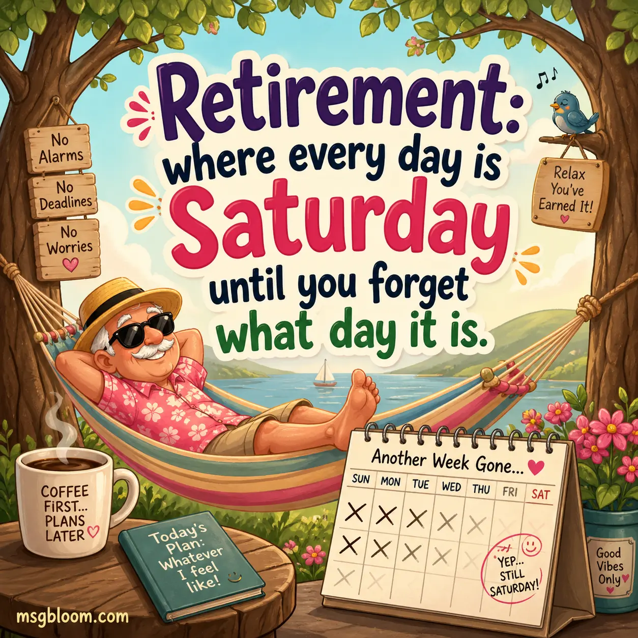 Whimsical cartoon scene with hammock and fading calendar days, expressing the humor of retirement feeling like endless Saturdays.