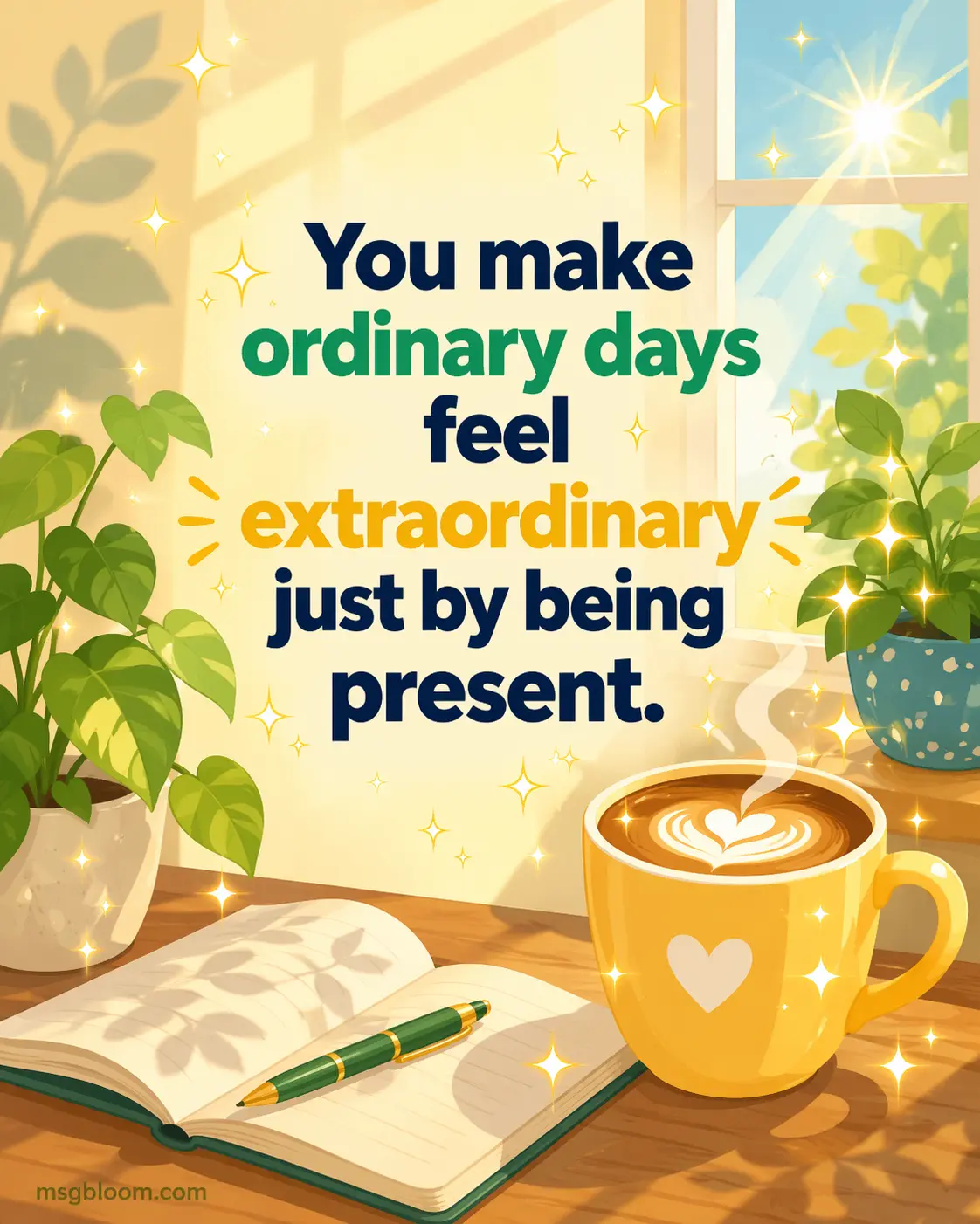 Bright stylized daily life illustration showing simple moments turned magical, highlighting a quote about making ordinary days extraordinary in a relationship.