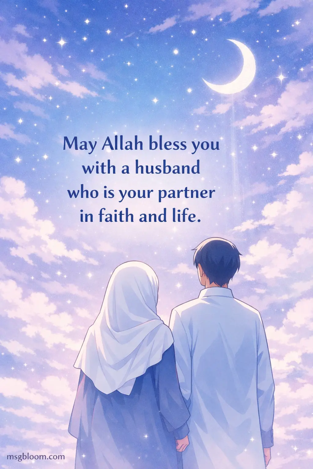 4. Anime-style symbolic couple under the night sky expressing a prayer for a faithful life partner in marriage.