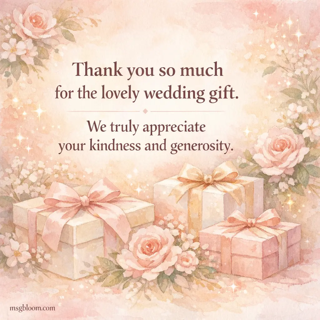 A soft watercolor wedding gift scene with flowers and elegant typography expressing heartfelt gratitude for a generous wedding present.