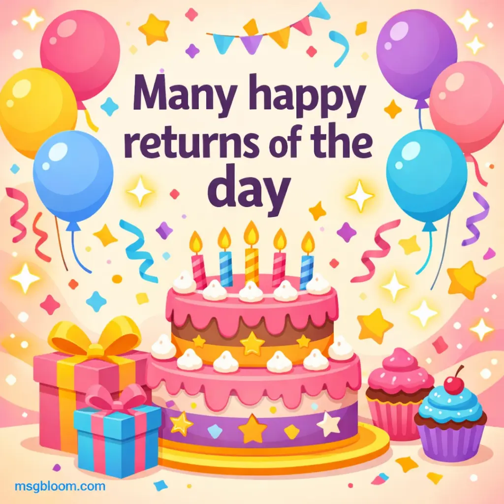 Colorful birthday illustration with balloons and cake conveying joyful wishes with the phrase many happy returns of the day.