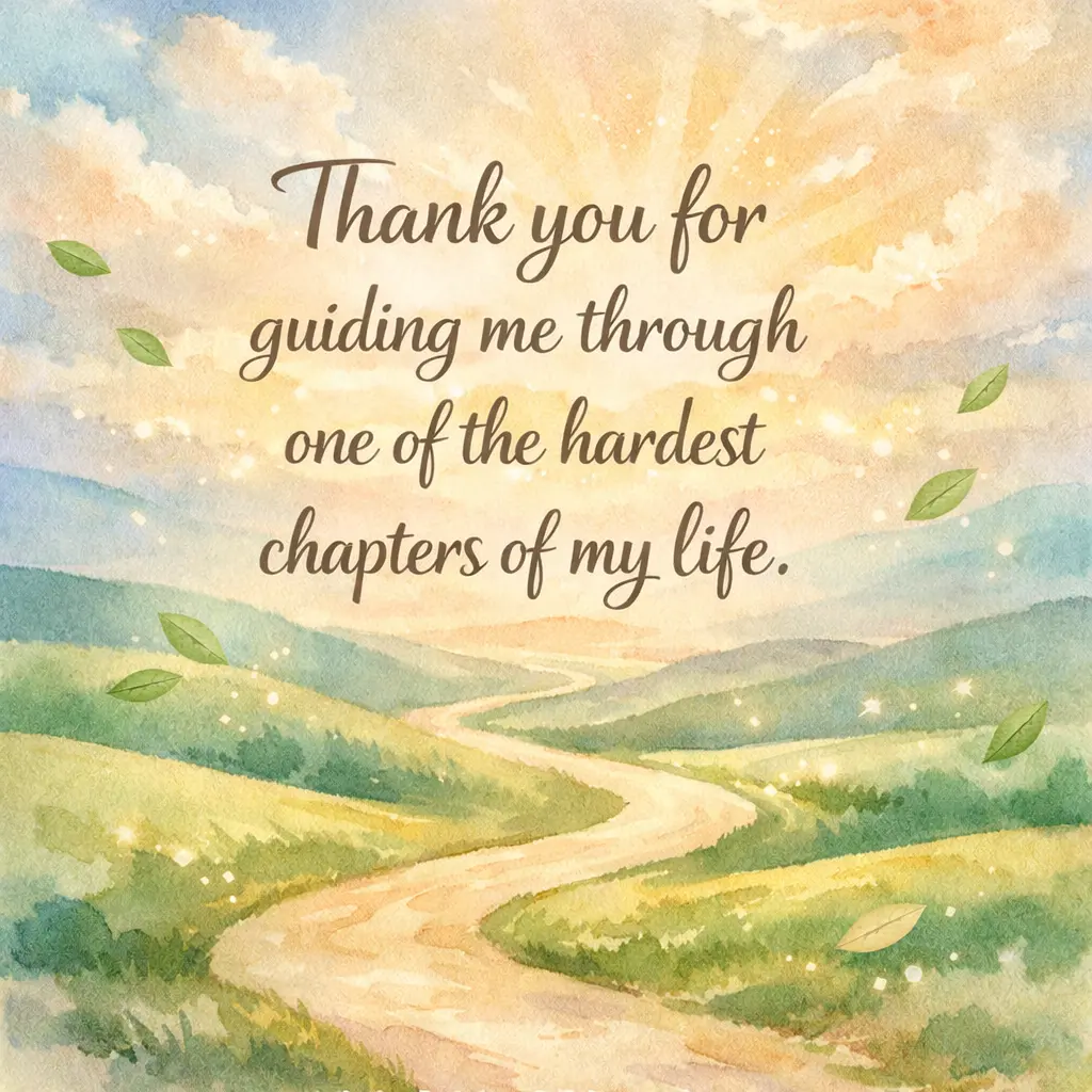 A calming illustrated landscape with a winding path and sunlight, representing healing and gratitude for guidance through difficult life challenges.